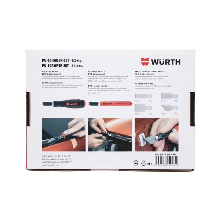 Zestaw skrobaków PU do uszczelek kleju szyb ostrza WURTH 83 el. Orsy